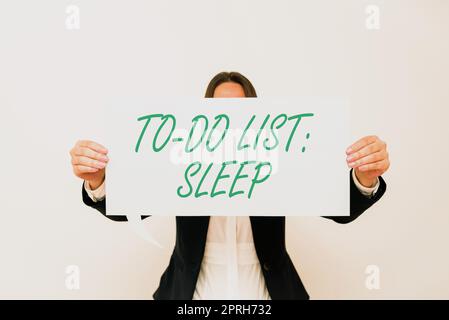 Scrittura a mano segno per fare elenco SleepThings to be Done l'oggetto prioritario è di prendere un resto, vetrina di affari cose da fare l'oggetto prioritario è di prendere Foto Stock