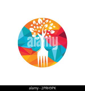 Disegno del logo vettoriale dell'albero della forcella. Concetto di ristorante e logo agricolo. Illustrazione Vettoriale