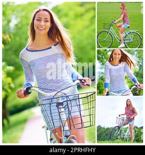 Il ciclismo non è un hobby per me, la sua pace interiore. Immagine composita di una bella giovane donna che guida la sua bicicletta attraverso il parco. Foto Stock