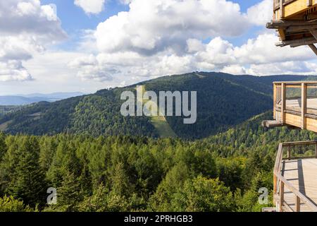 Vista di Jaworzyna Krynicka dalla cima della torre di osservazione situata in cima alla stazione sciistica Slotwiny Arena, Krynica Zdroj, Beskid Mountains, Slotwiny, Polonia Foto Stock