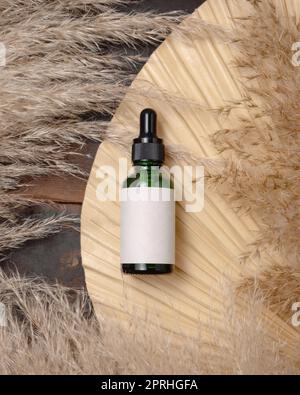 Flacone contagocce cosmetico su foglia di palma essiccata vicino all'erba di pampas vista dall'alto. Etichetta Mockup Foto Stock
