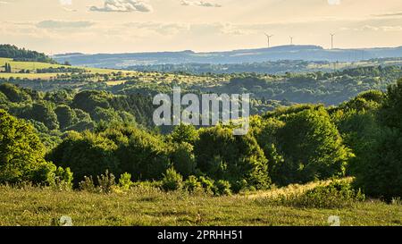 Una giornata di sole nella Saarland con vista sui prati della valle. Foto Stock