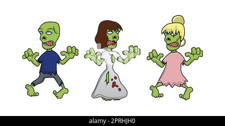 3 zombie spaventose su sfondo bianco, Halloween vacanza - Vector Illustration Foto Stock