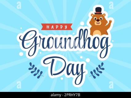 Buon giorno di Groundhog il 2 febbraio con il carattere carino Marmot e il giardino modello di sfondo disegnato a mano Cartoon Flat Illustrazione Foto Stock