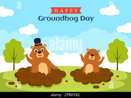 Buon giorno di Groundhog il 2 febbraio con il carattere carino Marmot e il giardino modello di sfondo disegnato a mano Cartoon Flat Illustrazione Foto Stock