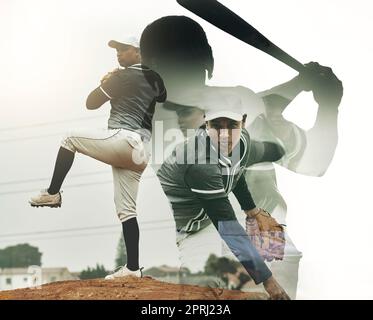 Movimento, baseball e sport uomo in azione sul campo da baseball con esposizione per il movimento del campo. Motivazione, determinazione e concentrazione per la pratica, traini Foto Stock