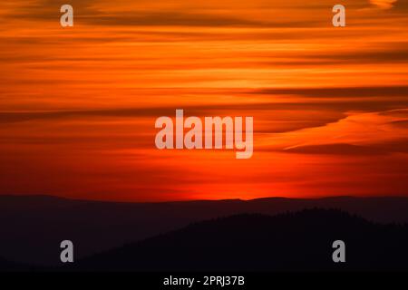 Tramonto nella foresta bavarese. Cielo arancione-rosso. Foto Stock