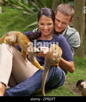 Una giovane coppia che trascorre del tempo in un santuario degli animali Foto Stock