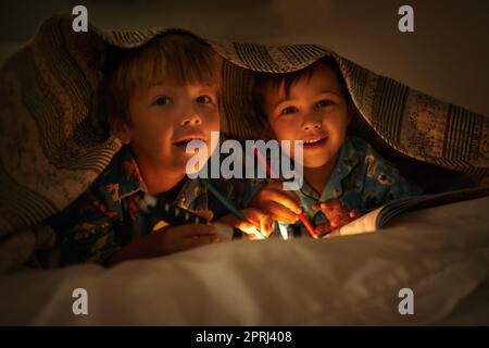 Mommy ha detto che la luce tiene lontano le cose cattive. Ritratto di due fratelli giacenti sotto la loro coperta colorare in quadri con una torcia elettrica Foto Stock