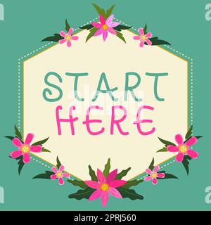 Didascalia concettuale iniziare qui, Word per nel primo processo di stabilire e sviluppare un nuovo disegno di disegno di affari di alcuni Cornici comiche come retro Foto Stock