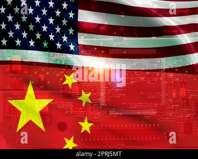 Carenza di chip e conflitto commerciale tra Usa e Cina. Crisi globale della carenza di chip e concetto di guerra commerciale Cina-Stati Uniti. Bandiera della Cina e bandiera degli Stati Uniti sul computer c Foto Stock