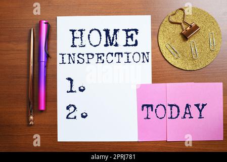 Segno di testo che mostra la Home InspectionExamination of the condition of a home related property. Esame fotografico concettuale della condizione di un bene domestico Foto Stock