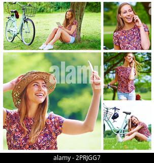 Madre natura è calling...Composite immagine di una giovane donna attraente relax nel parco. Foto Stock