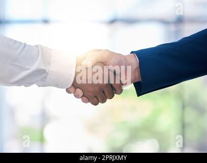 Diversità, stretta di mano tra partner B2B e persone d'affari per la collaborazione, l'onboarding aziendale o il lavoro di squadra innovazione bokeh e Lens flare. Uomini d'affari che stringono mano nell'accordo, nella solidarietà o nel ringraziamento Foto Stock