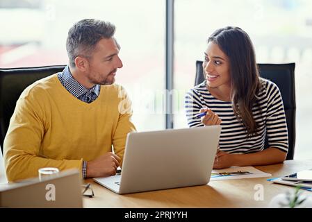 Le persone di successo si costruiscono a vicenda. I colleghi lavorano insieme su un notebook in ufficio. Foto Stock