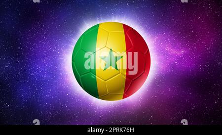 3D pallone da calcio con bandiera senegalese. Sfondo dello spazio. Calcio 2022. Illustrazione Foto Stock