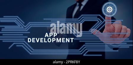 Didascalia di testo Presentazione di App Development, Word per la produzione di software per computer con uno scopo specifico Foto Stock