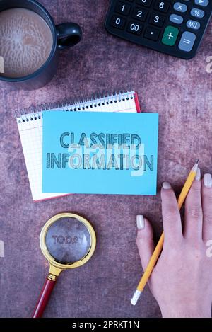 Ispirazione che mostra il segno informazioni classificate, approccio aziendale dati sensibili Top Secret divulgazione non autorizzata Foto Stock