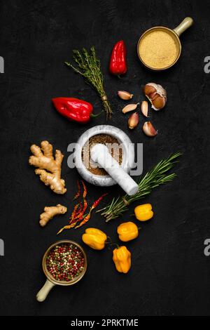 Composizione con miscela di peperoni, zenzero, aglio, timo, peperoncino e rosmarino su fondo scuro Foto Stock