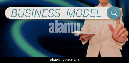 Segno di testo che mostra Business Model, Word scritto su aumento della temperatura media globale trasformazione del tempo uomo d'affari in tuta che tiene il tablet sym Foto Stock