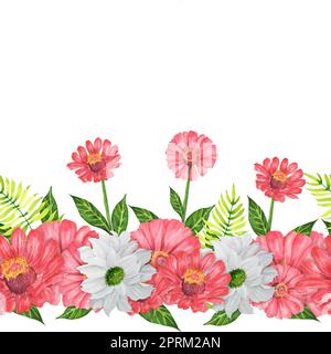 Acquerello disegnato a mano bordo senza cuciture con zinnia, mamma giardino e felce. Una piccola parte del grande giardino DEGLI UCCELLI set Foto Stock