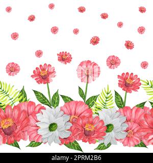 Acquerello disegnato a mano senza cuciture con zinnia, mamma giardino e felce. Una piccola parte del grande giardino DEGLI UCCELLI set Foto Stock