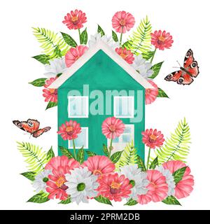 Casa di acquerello disegnata a mano circondata da fiori e farfalle Foto Stock