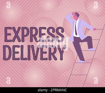 Conceptual Caption Express Delivery, Business idea tesoro di ricordi circa gli autori esperienze Gentleman in tuta Scala in piedi Searchin Foto Stock