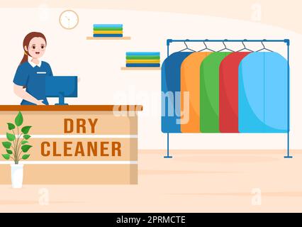 Lavaggio a secco Servizio di magazzino con lavatrici, asciugatrici e lavanderia per l'abbigliamento pulito in Cartoon piano modelli disegnati a mano Illustrazione Foto Stock