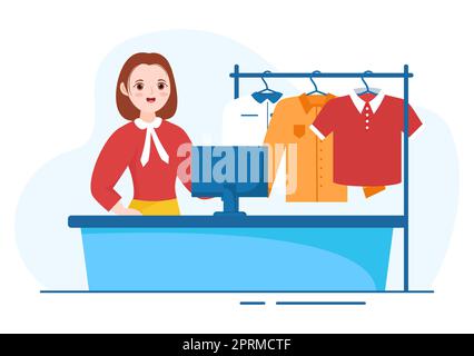 Lavaggio a secco Servizio di magazzino con lavatrici, asciugatrici e lavanderia per l'abbigliamento pulito in Cartoon piano modelli disegnati a mano Illustrazione Foto Stock