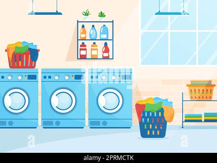 Lavaggio a secco Servizio di magazzino con lavatrici, asciugatrici e lavanderia per l'abbigliamento pulito in Cartoon piano modelli disegnati a mano Illustrazione Foto Stock