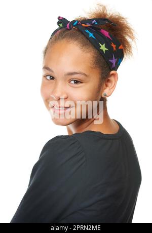 Shes un poser naturale. Studio shot di una giovane ragazza isolata su bianco Foto Stock