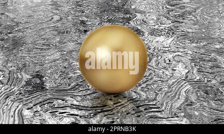 Sfera d'oro cromato lucido realistico con smalto su fondo d'argento riflettente. rendering 3d Foto Stock