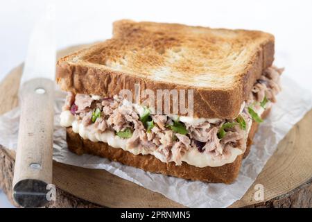 Panino di tonno con mayo e verdure su marmo bianco Foto Stock