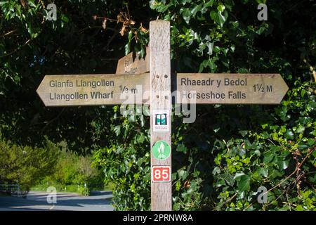 Cartello in legno che mostra la direzione e la distanza dal Llangollen Wharf e dalle Horseshoe Falls a Llangollen, Galles, Regno Unito. Foto Stock