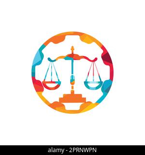 Concetto di design del logo vettoriale dello studio di diritto industriale. Studio legale con modello di design con logo a ingranaggi. Illustrazione Vettoriale