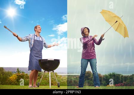 Vieni sul lato soleggiato. Ripresa composita di un uomo che barbequing in una giornata di sole mentre una donna combatte contro il vento in una giornata piovosa. Foto Stock