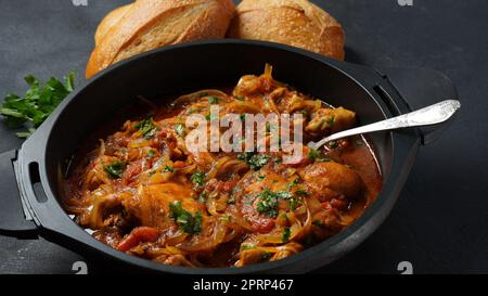 Chakhokhbili - in stile georgiano tradizionale piatto. Pollo in umido con il coriandolo fresco i pomodori e le erbe Foto Stock