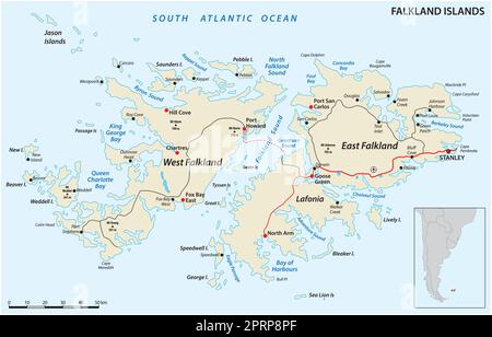 Isole Falkland, anche Malvinas, mappa stradale vettoriale Illustrazione Vettoriale