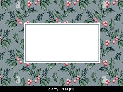 Banner acquerello con palnt invernale. Stampa Holly su sfondo scuro. Illustrazione di bacche disegnate a mano. Modello per biglietti d'auguri, decorazioni per matrimoni Foto Stock