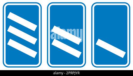 Una serie di tipiche indicazioni per il conto alla rovescia delle autostrade blu e bianche su sfondo bianco Foto Stock