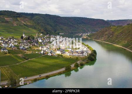 Vista aerea della valle della Mosella con i vigneti Foto Stock