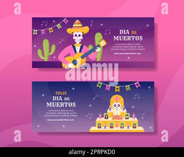 Dia De Los Muertos o giorno della morte modello orizzontale Banner Cartoon disegnata a mano Illustrazione Illustrazione Vettoriale