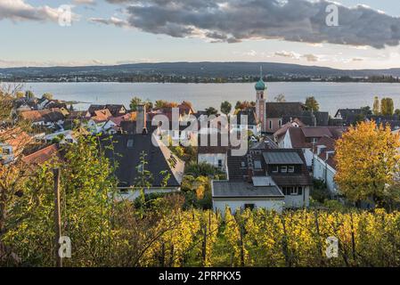 Vista su Allenbach am Bodensee verso l'isola di Reichenau al crepuscolo, Baden-Wuerttemberg, Germania Foto Stock