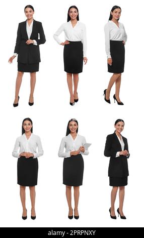 Collage con foto di hostess in uniforme su sfondo bianco Foto Stock