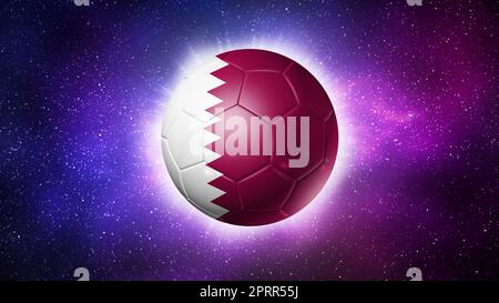 3D palla di calcio con bandiera della squadra del Qatar. Sfondo dello spazio. Calcio 2022. Illustrazione Foto Stock