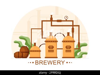 Processo di produzione della birreria con serbatoio e bottiglia di birra pieno di alcool per la fermentazione in Cartoon piano modelli disegnati a mano Illustrazione Foto Stock