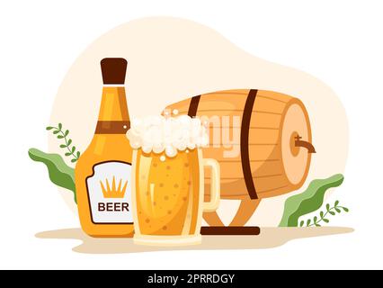 Processo di produzione della birreria con serbatoio e bottiglia di birra pieno di alcool per la fermentazione in Cartoon piano modelli disegnati a mano Illustrazione Foto Stock