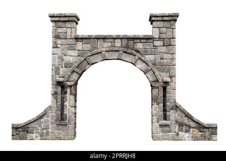 antica porta architettonica con arcata in pietra e muro circostante isolato su sfondo bianco Foto Stock