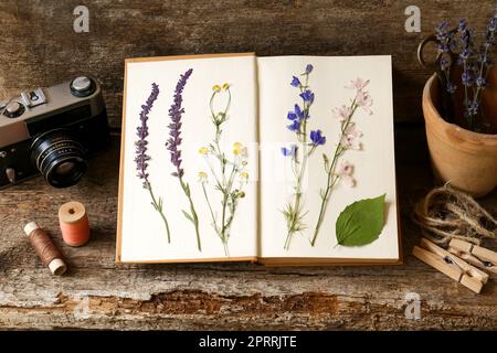 Composizione con bellissimi fiori secchi, libro e macchina fotografica vintage su tavolo di legno Foto Stock